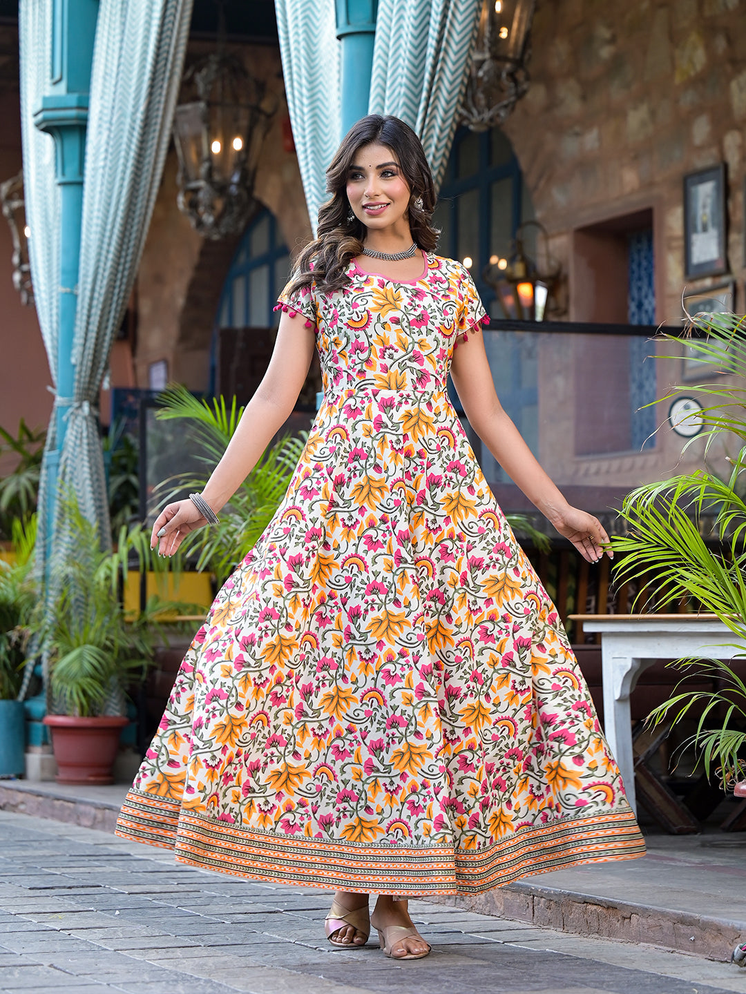 Cream Floral Print Maxi Dress - Elganza