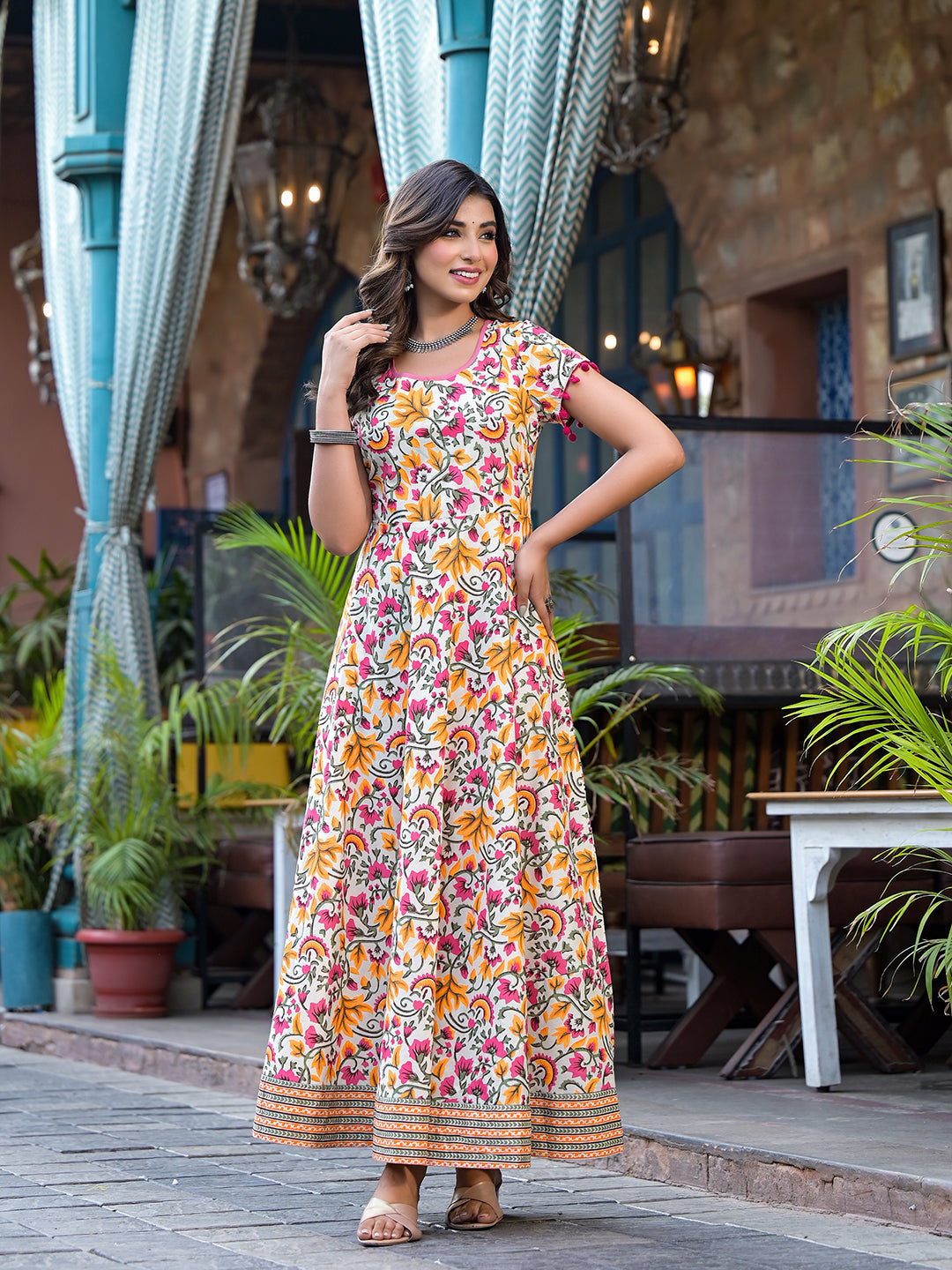 Cream Floral Print Maxi Dress - Elganza