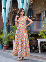 Cream Floral Print Maxi Dress - Elganza