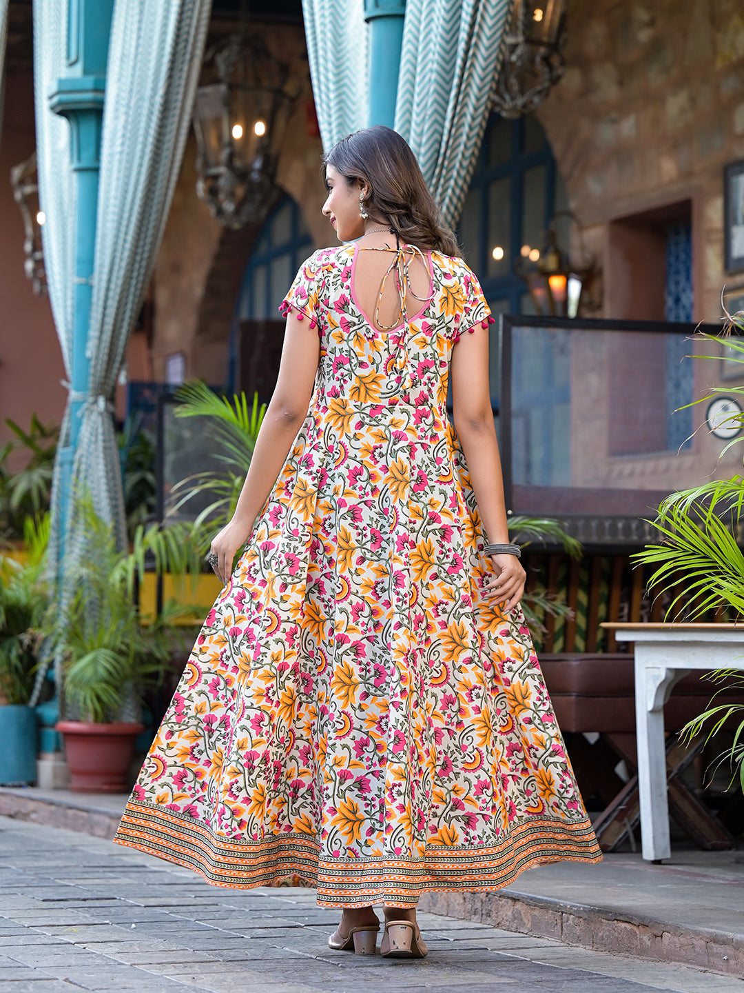 Cream Floral Print Maxi Dress - Elganza