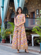 Cream Floral Print Maxi Dress - Elganza