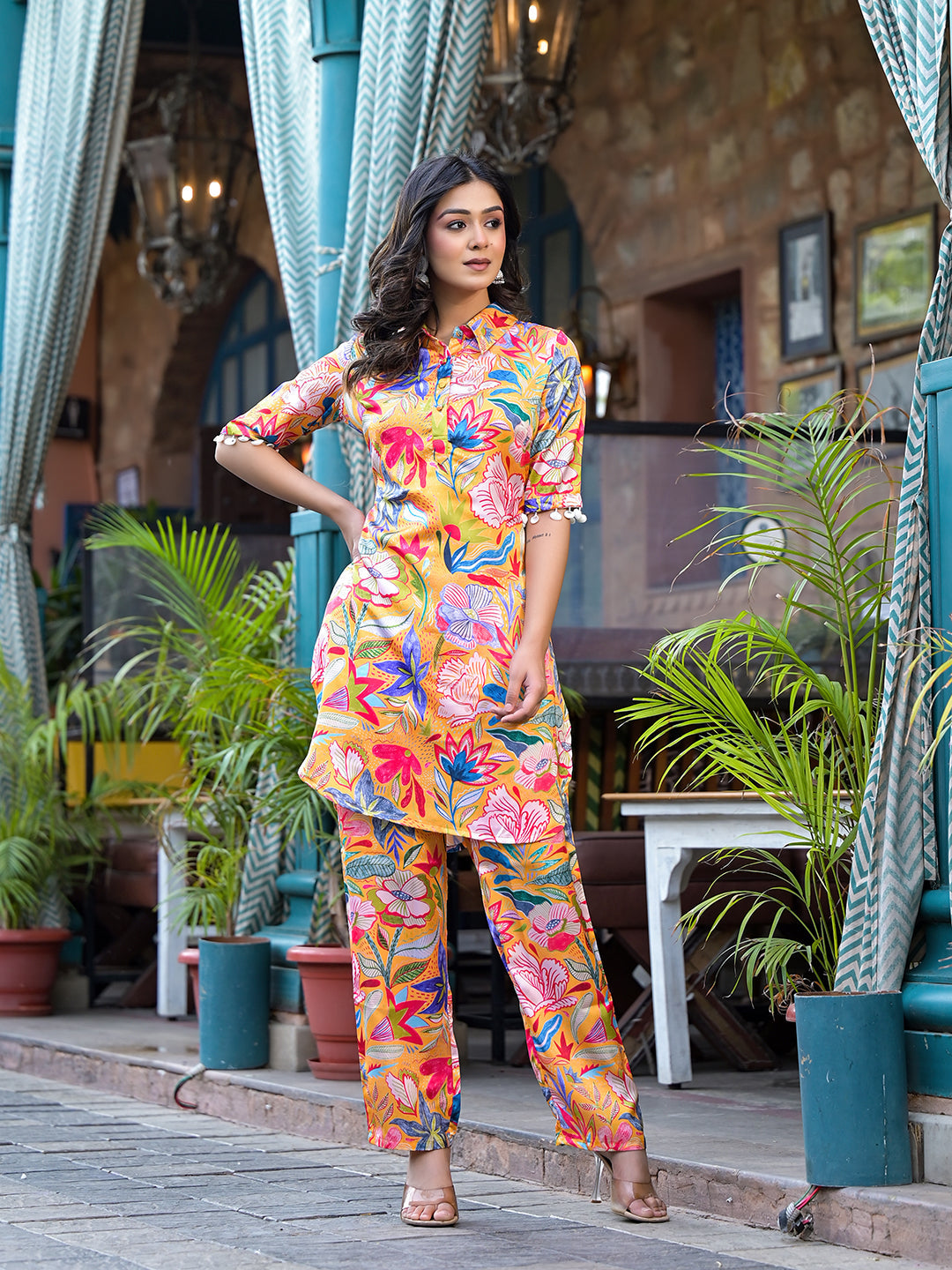 Mustard natural Crepe Pakistani Co-Ords Set - Elganza