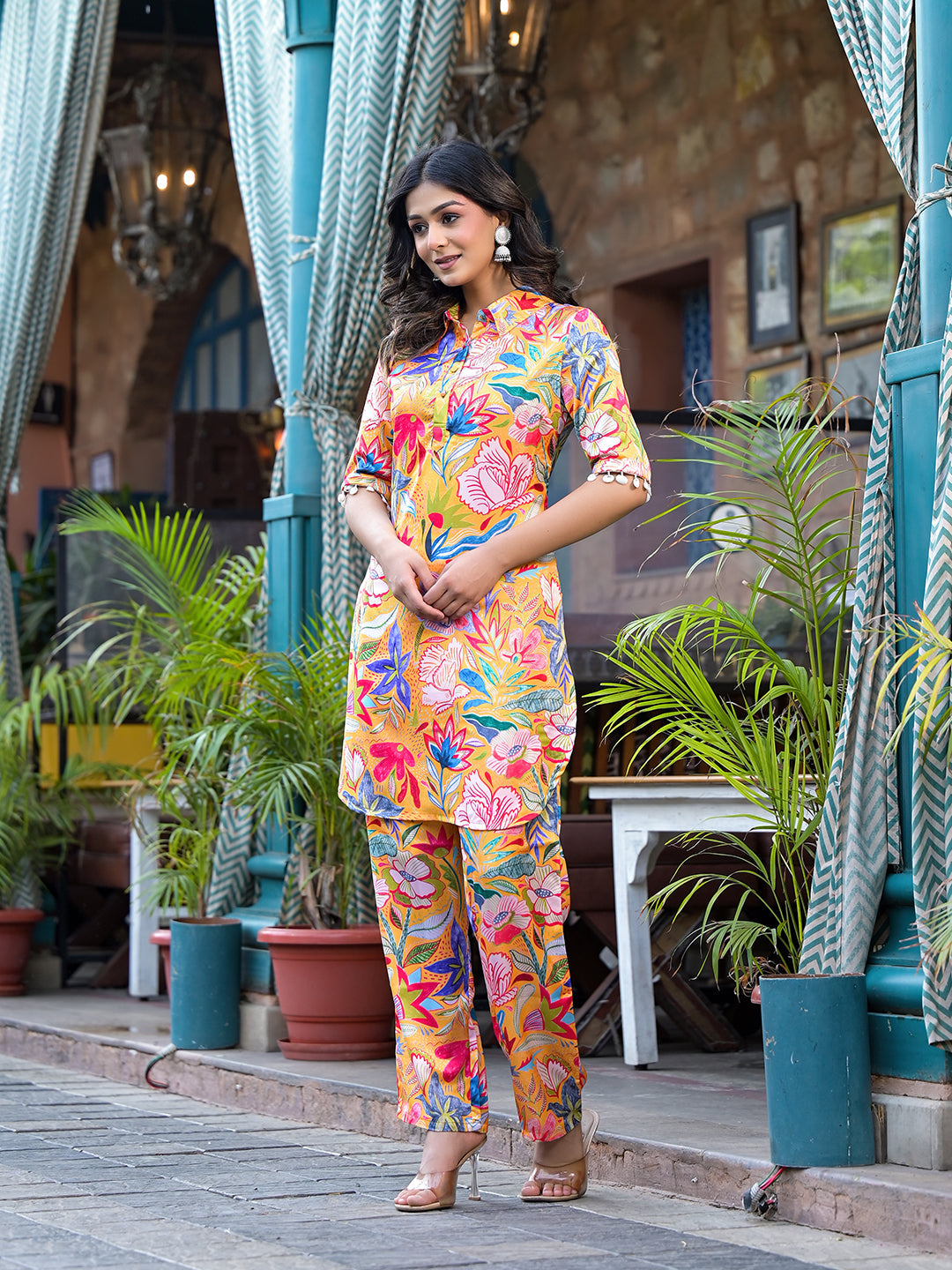 Mustard natural Crepe Pakistani Co-Ords Set - Elganza