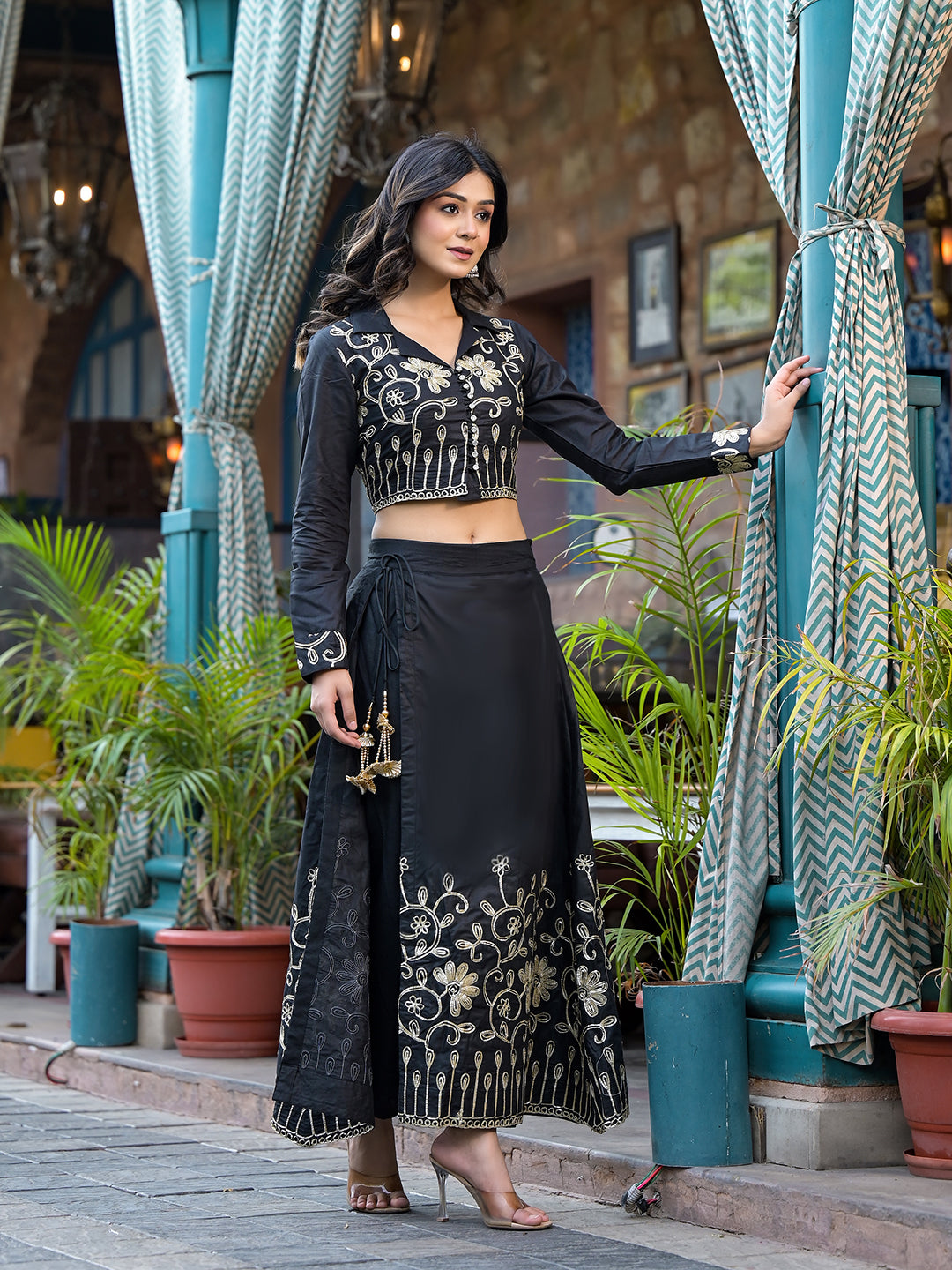 Black Gota Embroidered Pant Style Lehenga - Elganza