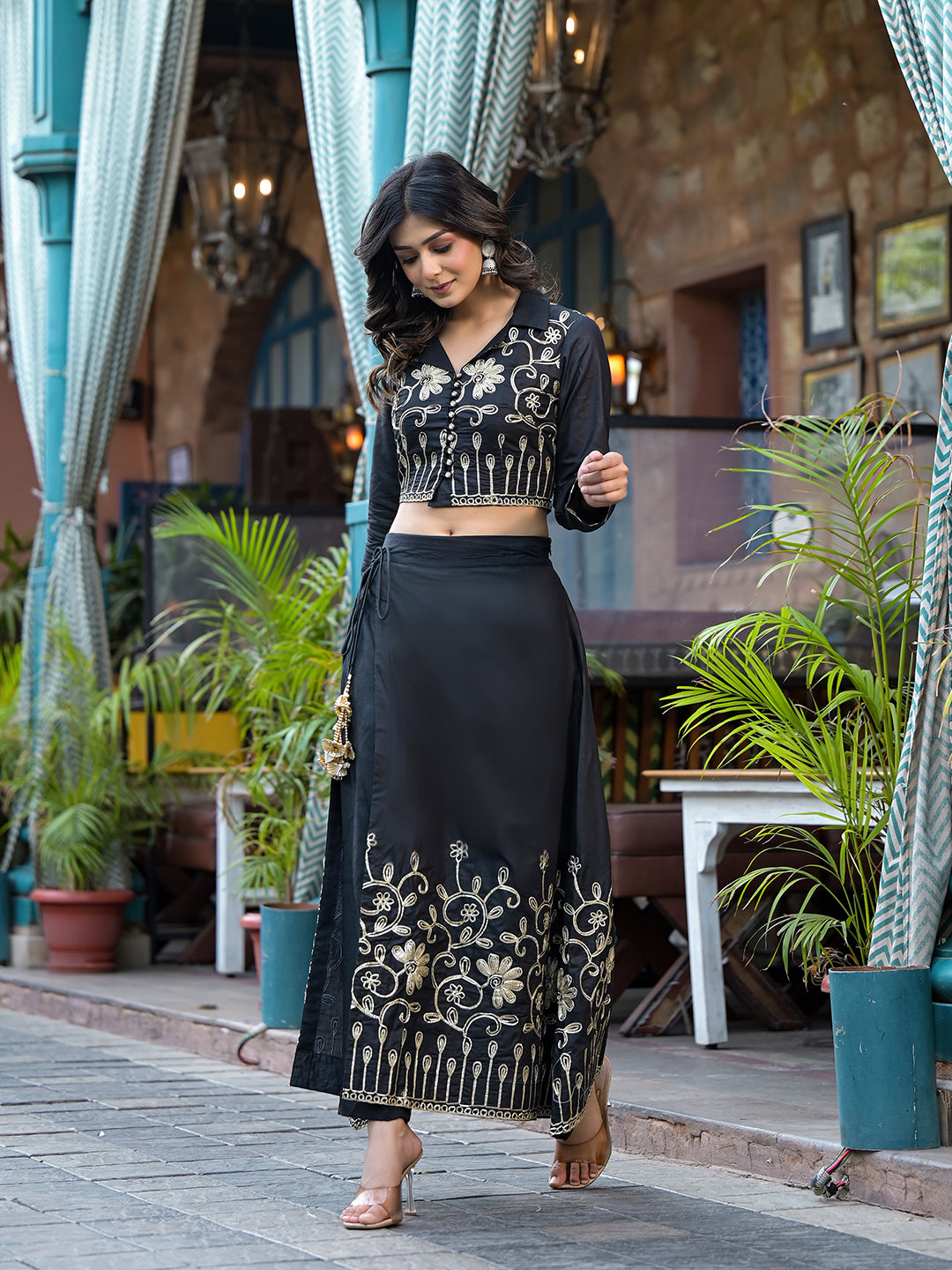 Black Gota Embroidered Pant Style Lehenga - Elganza