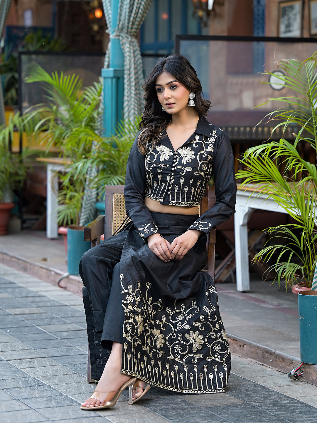 Black Gota Embroidered Pant Style Lehenga - Elganza
