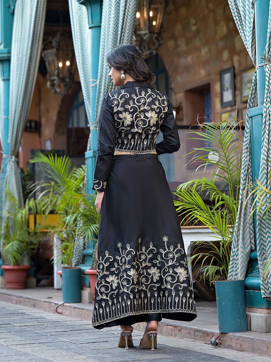 Black Gota Embroidered Pant Style Lehenga - Elganza