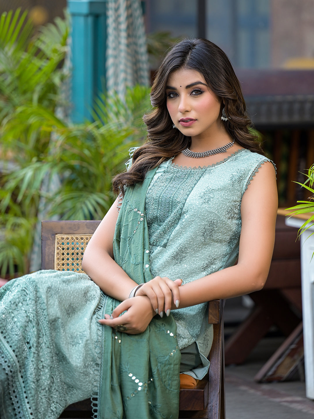 Green Schifli Kurta Set with Mirror Work Dupatta - Elganza