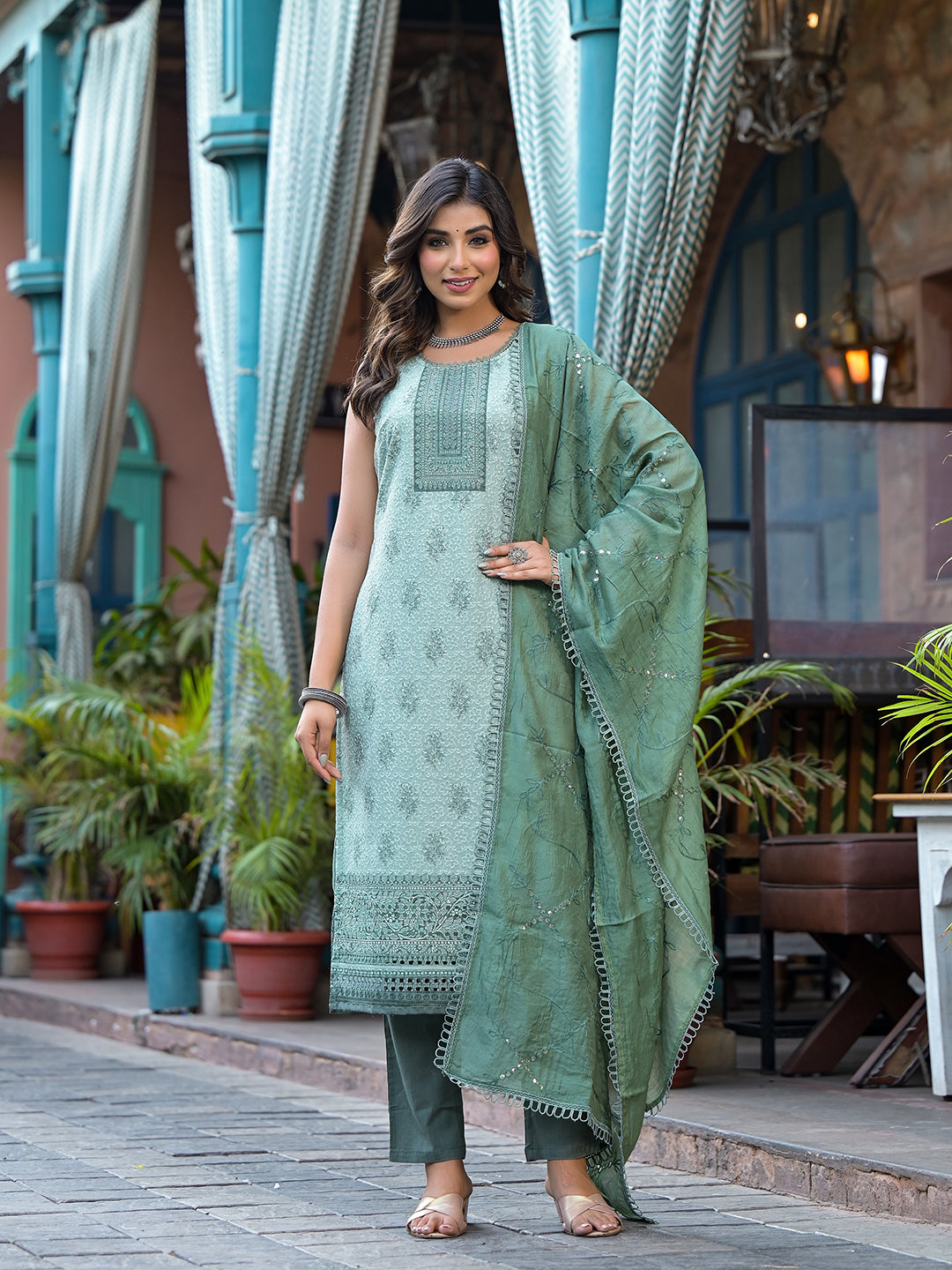 Green Schifli Kurta Set with Mirror Work Dupatta - Elganza