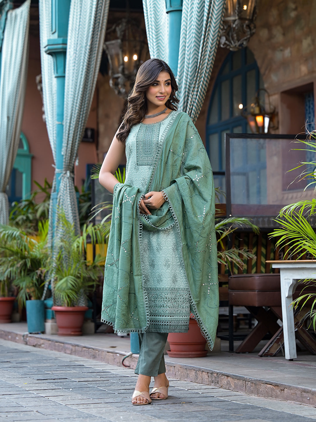 Green Schifli Kurta Set with Mirror Work Dupatta - Elganza
