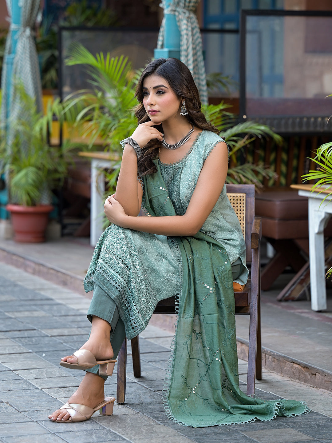 Green Schifli Kurta Set with Mirror Work Dupatta - Elganza
