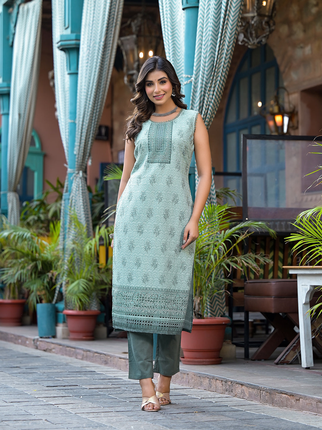 Green Schifli Kurta Set with Mirror Work Dupatta - Elganza