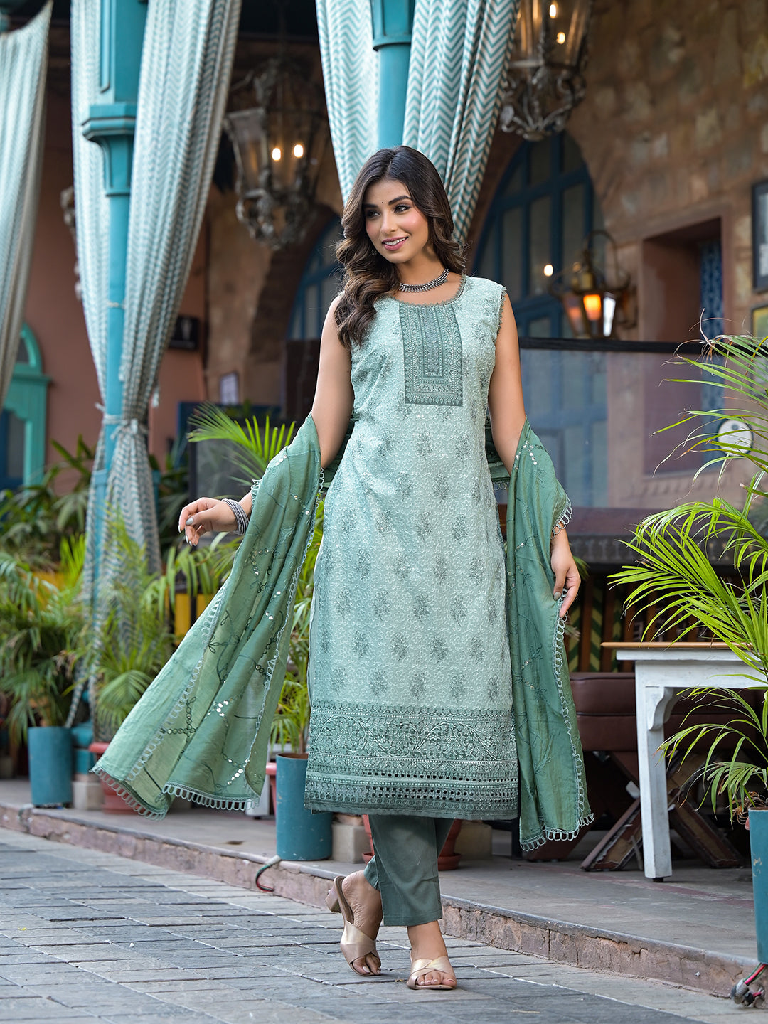 Green Schifli Kurta Set with Mirror Work Dupatta - Elganza