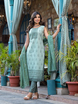 Green Schifli Kurta Set with Mirror Work Dupatta - Elganza