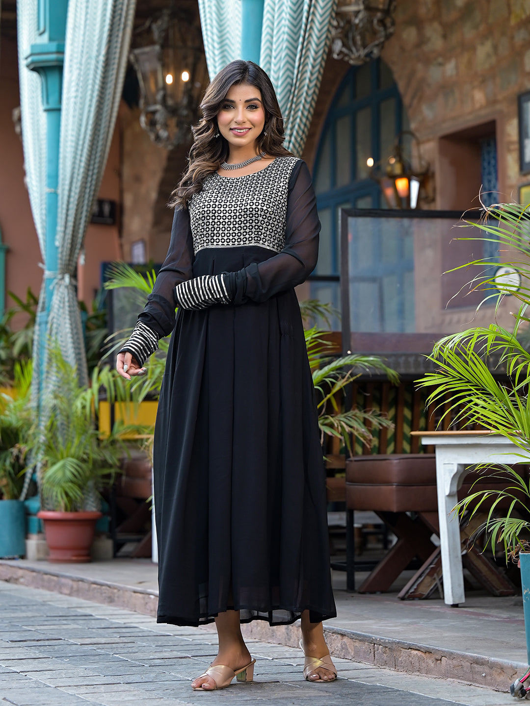 Black Sequinned Party Wear Maxi Dress - Elganza