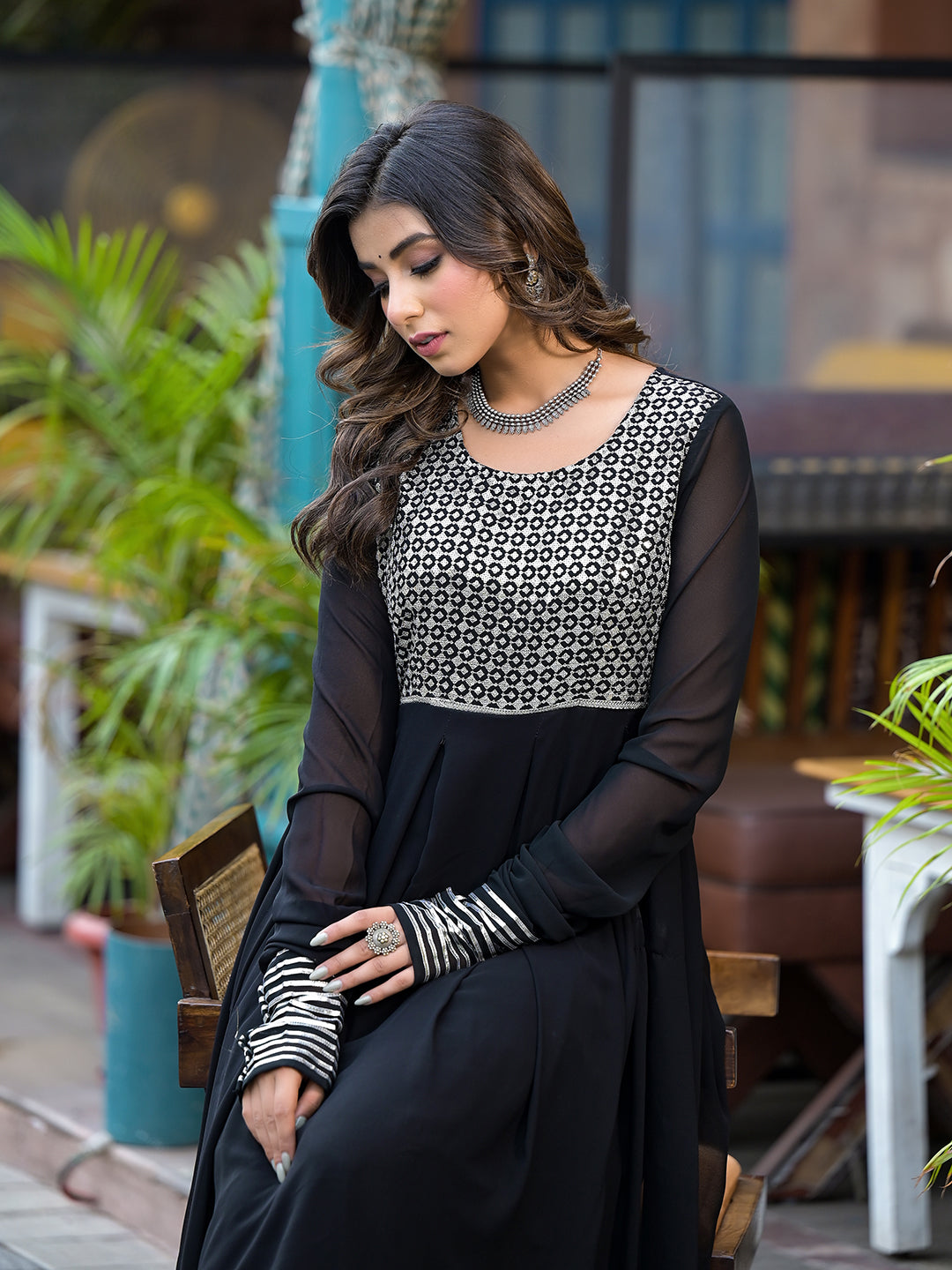 Black Sequinned Party Wear Maxi Dress - Elganza