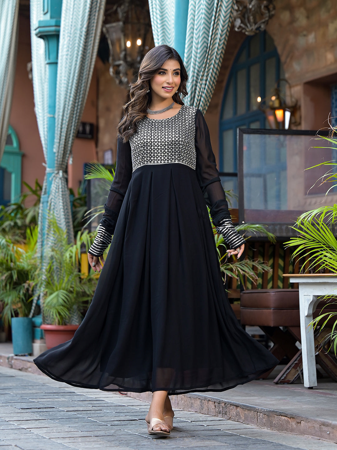 Black Sequinned Party Wear Maxi Dress - Elganza