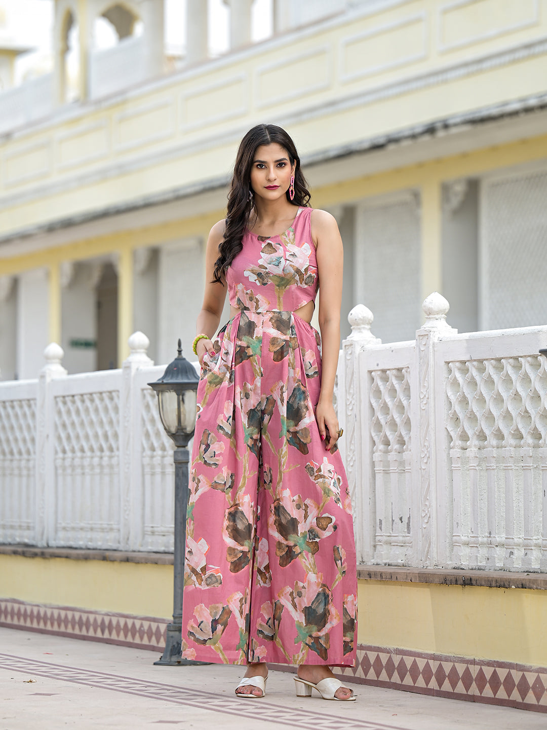 Blush Pink Blown Out Floral Jumpsuit - Elganza