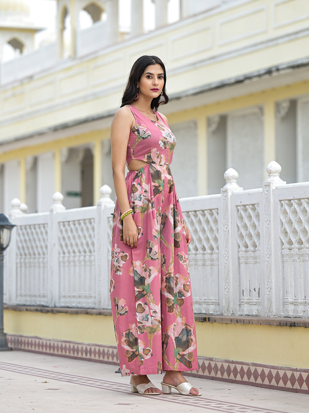 Blush Pink Blown Out Floral Jumpsuit - Elganza