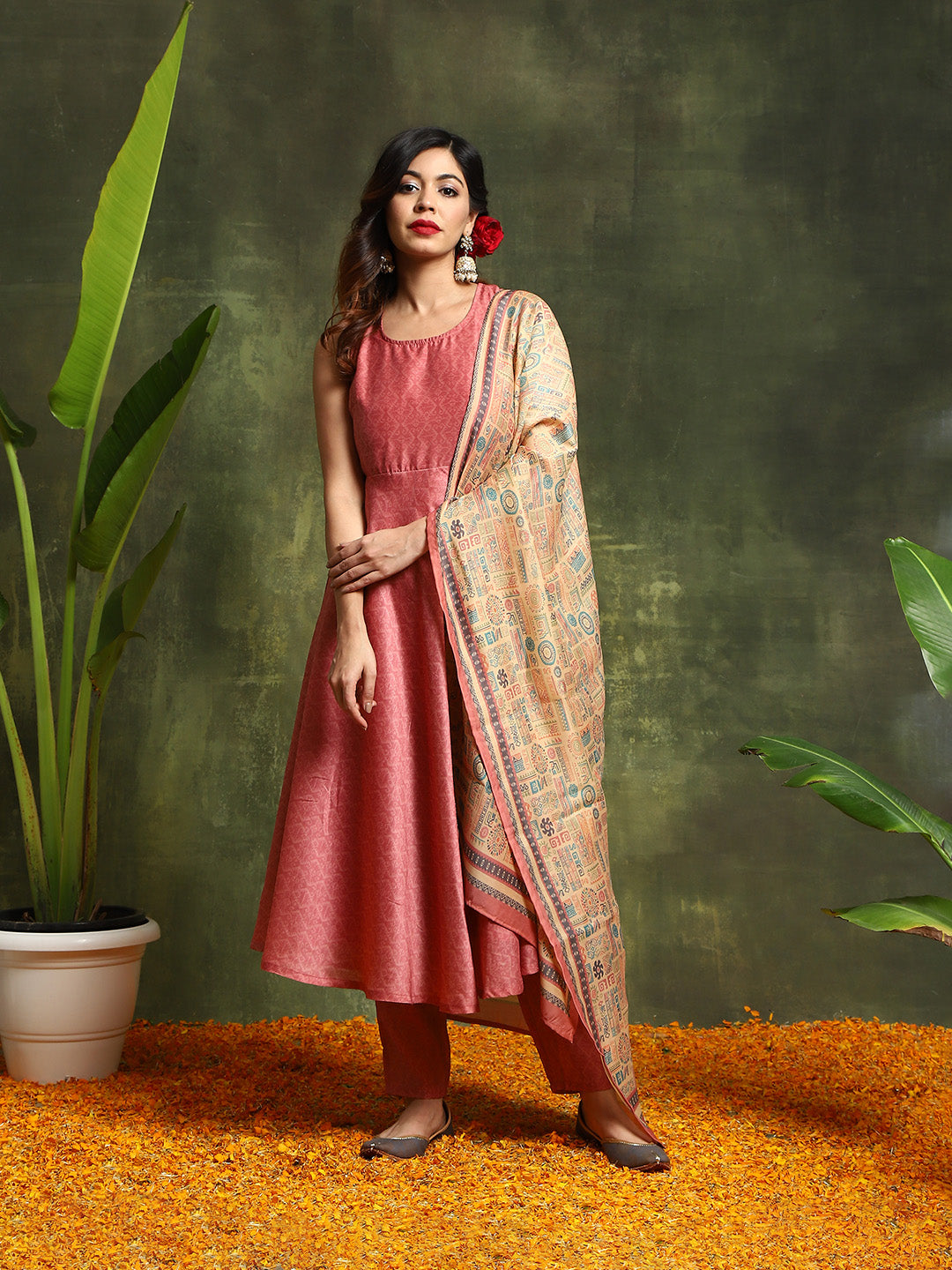 Pink Muslin Print Anarkali Kurta with tie-ups Suit Set - Elganza