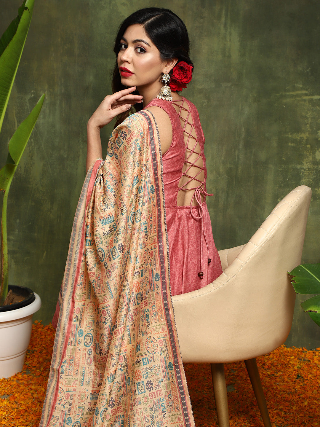 Pink Muslin Print Anarkali Kurta with tie-ups Suit Set - Elganza