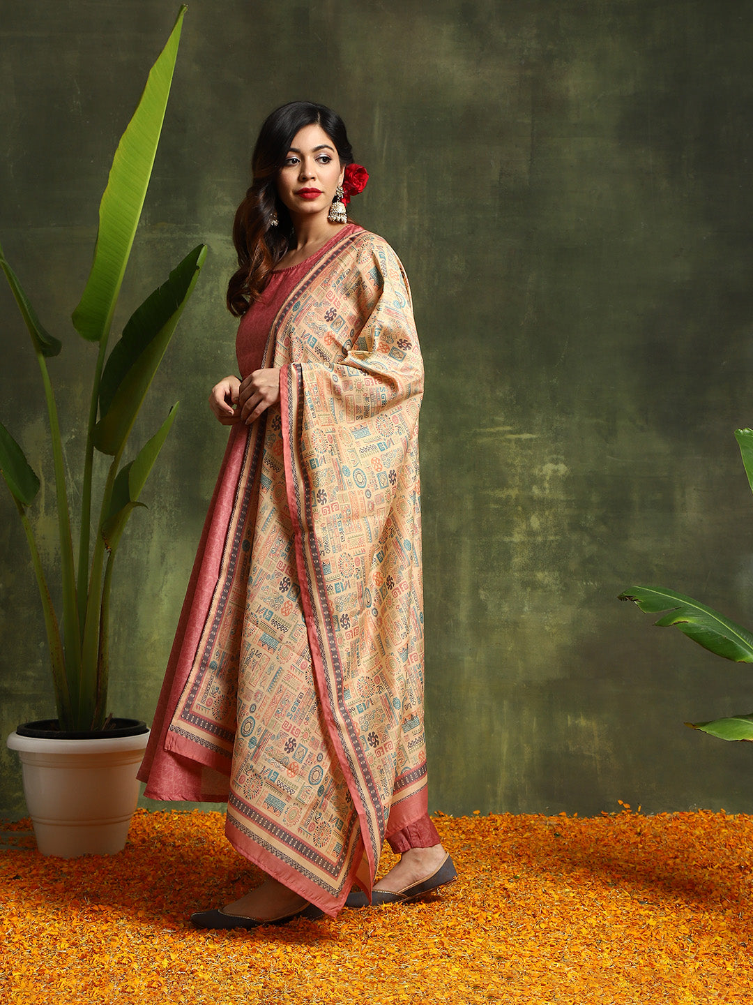 Pink Muslin Print Anarkali Kurta with tie-ups Suit Set - Elganza