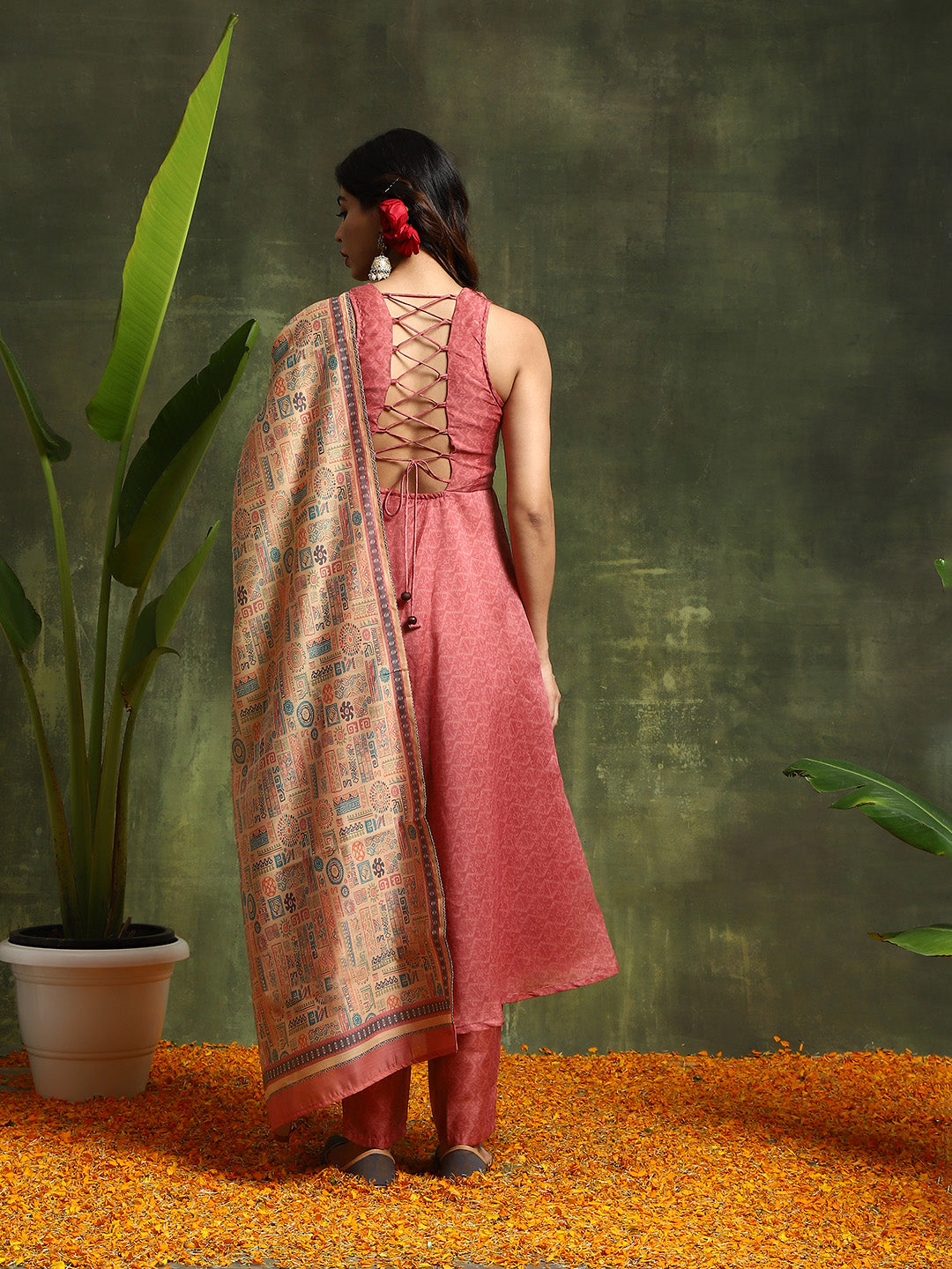 Pink Muslin Print Anarkali Kurta with tie-ups Suit Set - Elganza