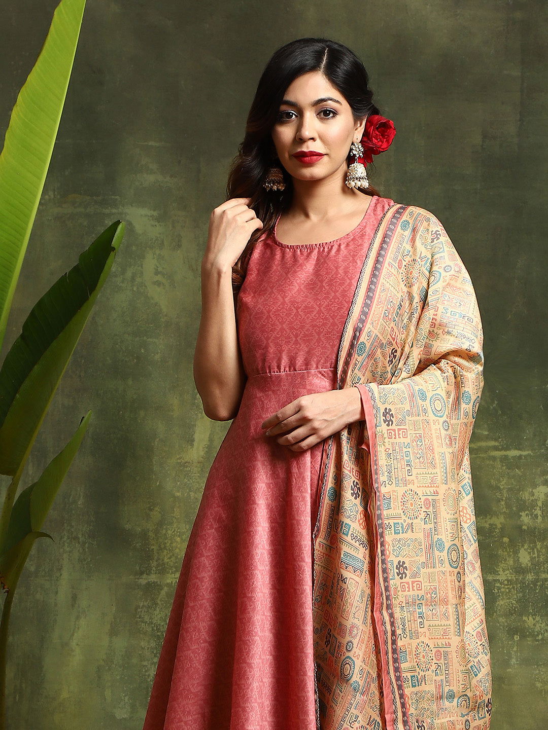 Pink Muslin Print Anarkali Kurta with tie-ups Suit Set - Elganza