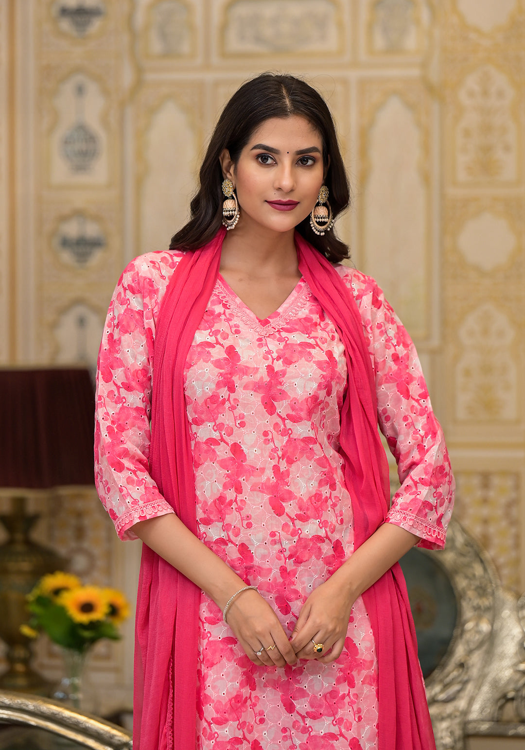 Pink Schiffli Kurta Set with Dupatta - Elganza