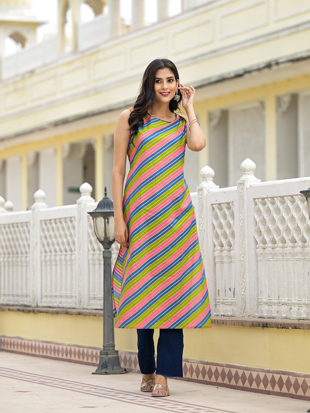 Multicolor Leheriya Straight Kurta - Elganza
