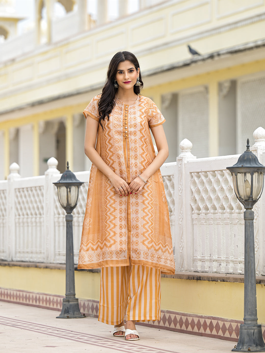 Mustard jacket pattern A-Linne Kurta Set - Elganza