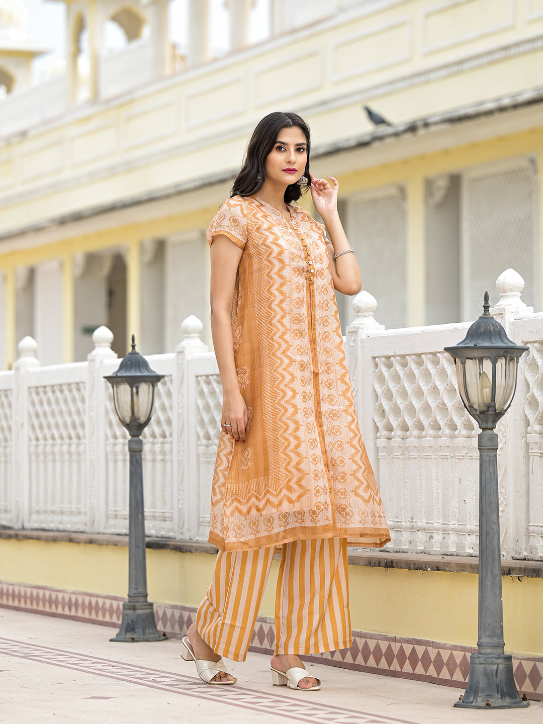 Mustard jacket pattern A-Linne Kurta Set - Elganza