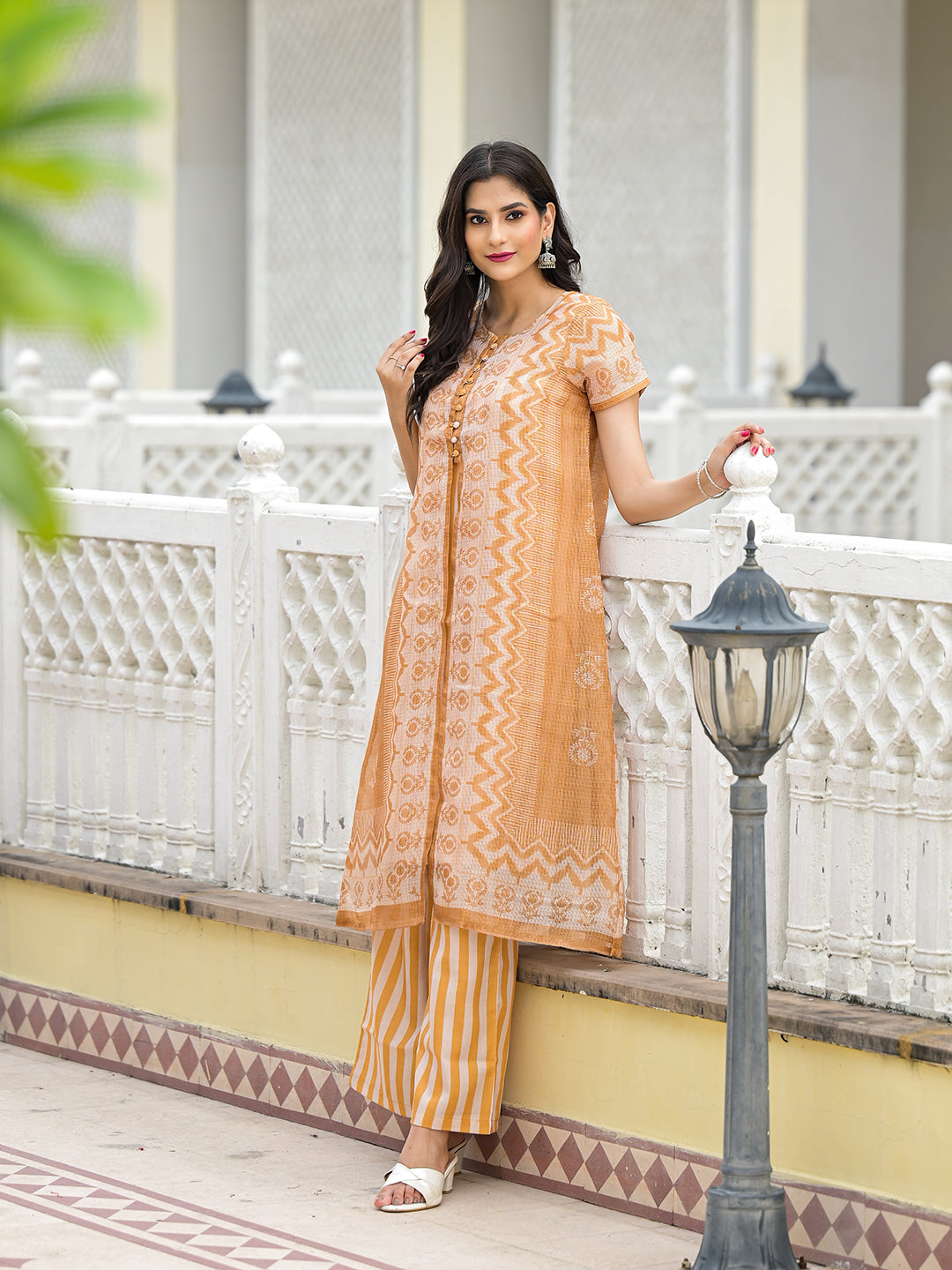 Mustard jacket pattern A-Linne Kurta Set - Elganza
