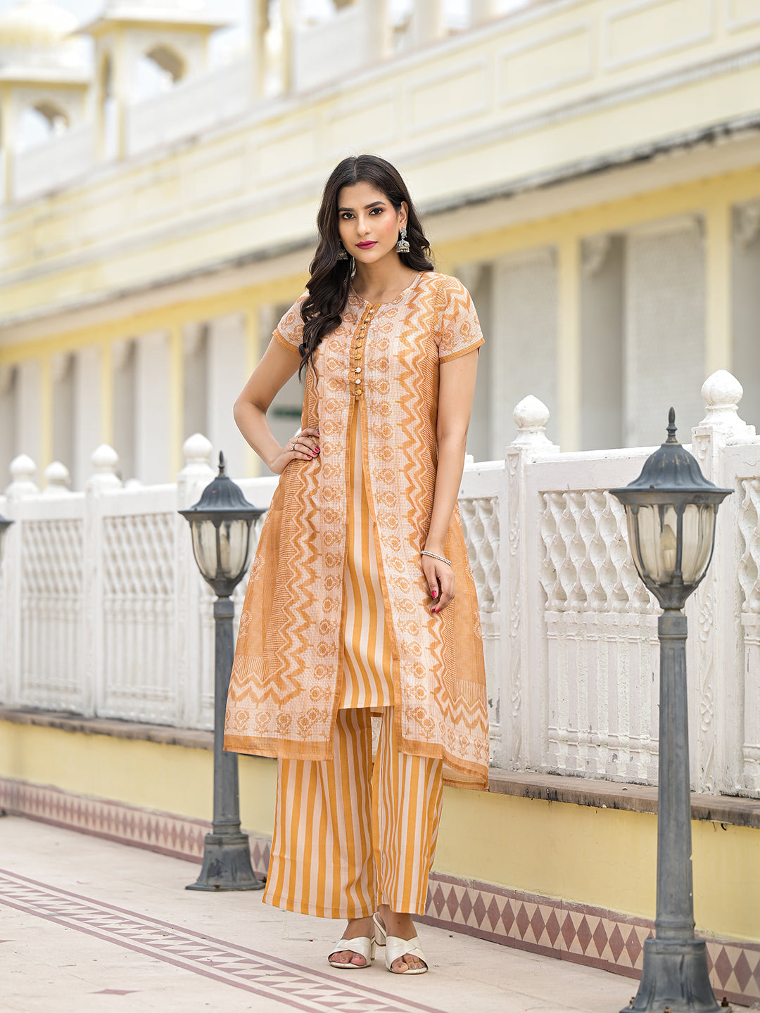 Mustard jacket pattern A-Linne Kurta Set - Elganza