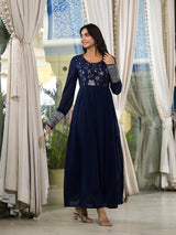 Navy Blue Sequinned Maxi Dress - Elganza