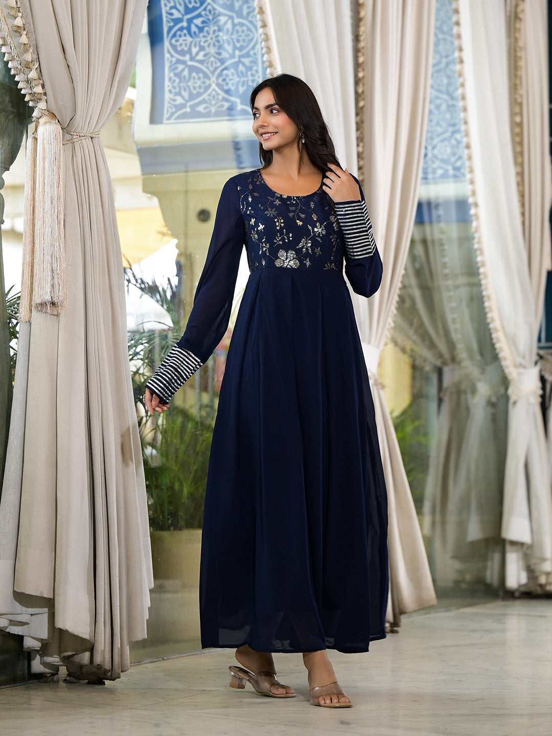 Navy Blue Sequinned Maxi Dress - Elganza