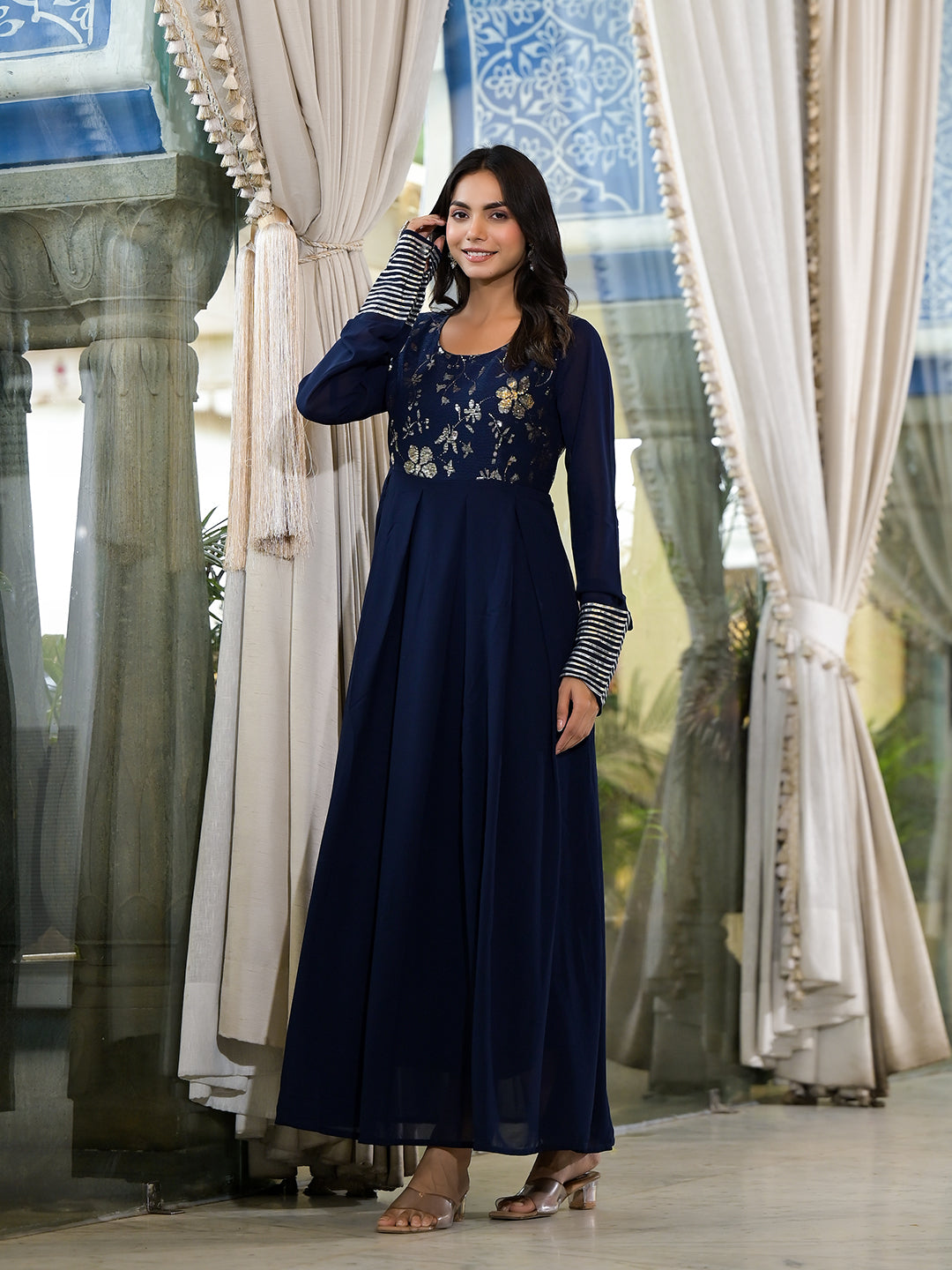 Navy Blue Sequinned Maxi Dress - Elganza