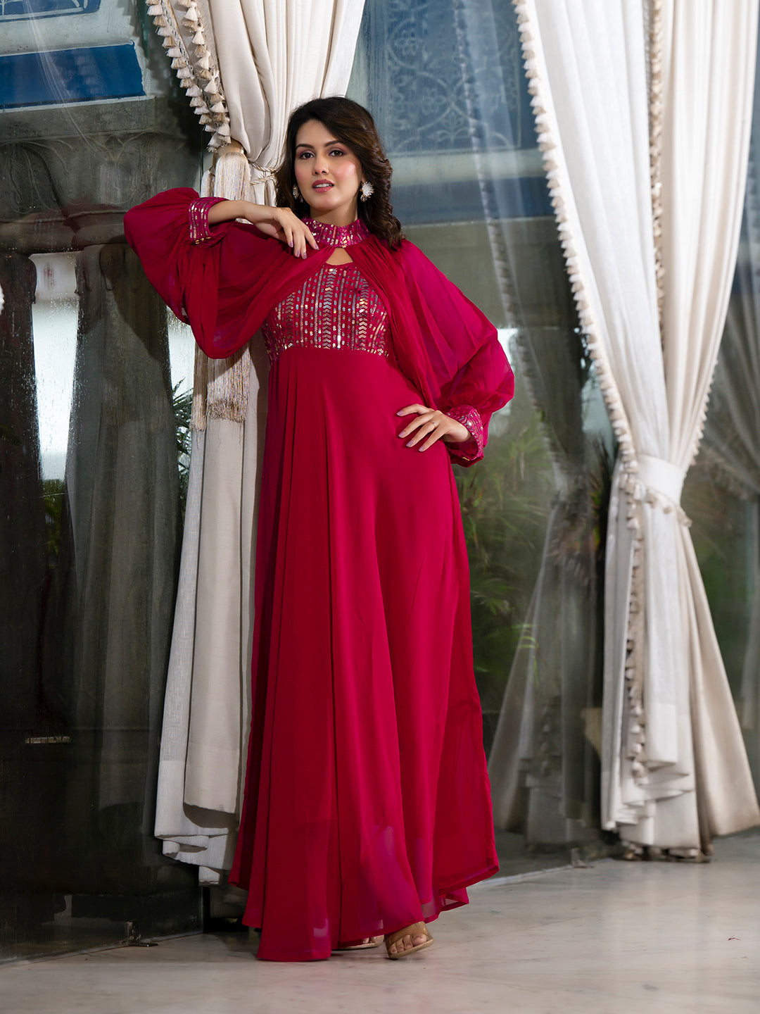Magenta Sequin Dress With Cape Sleeve - Elganza
