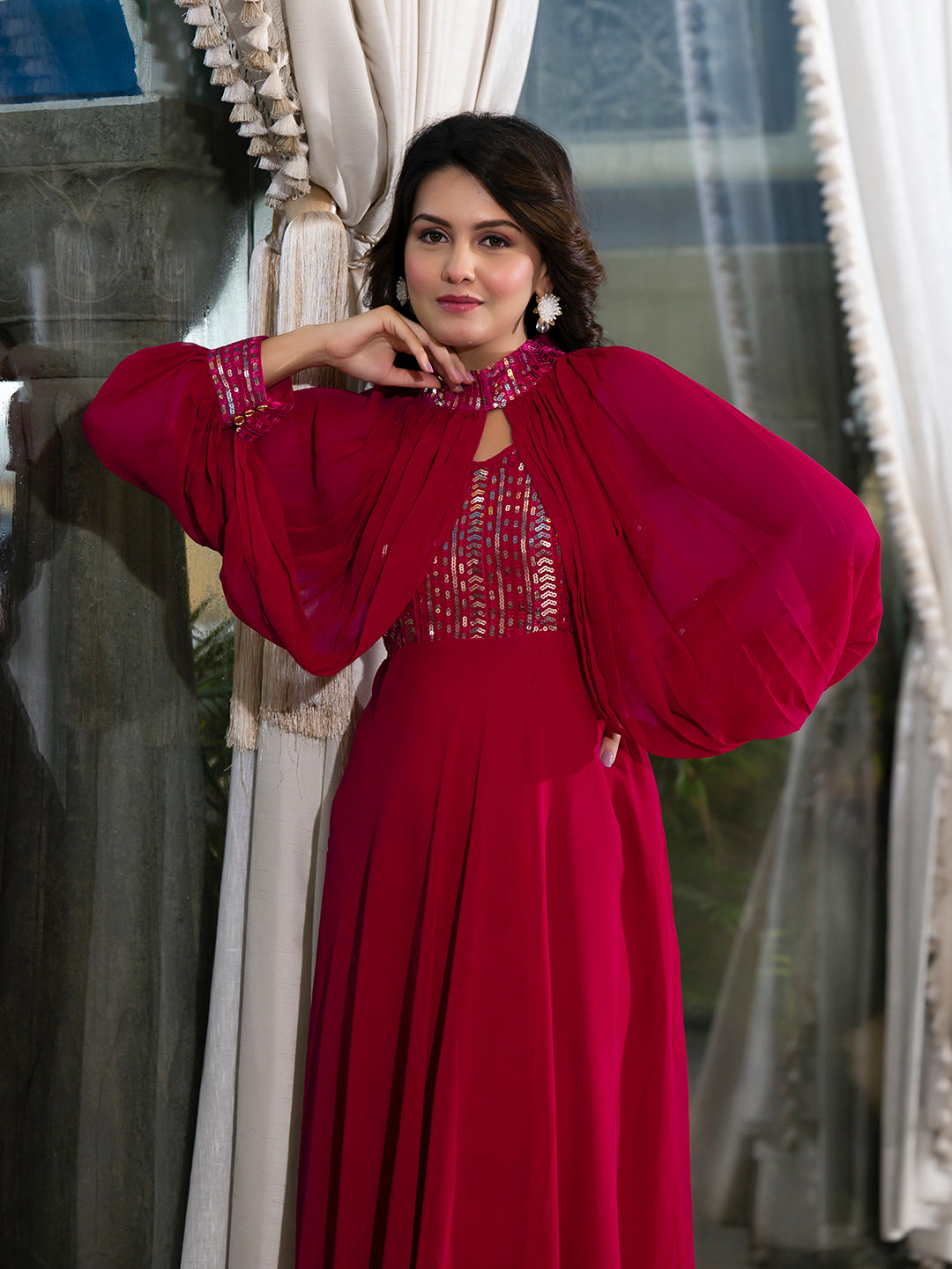 Magenta Sequin Dress With Cape Sleeve - Elganza