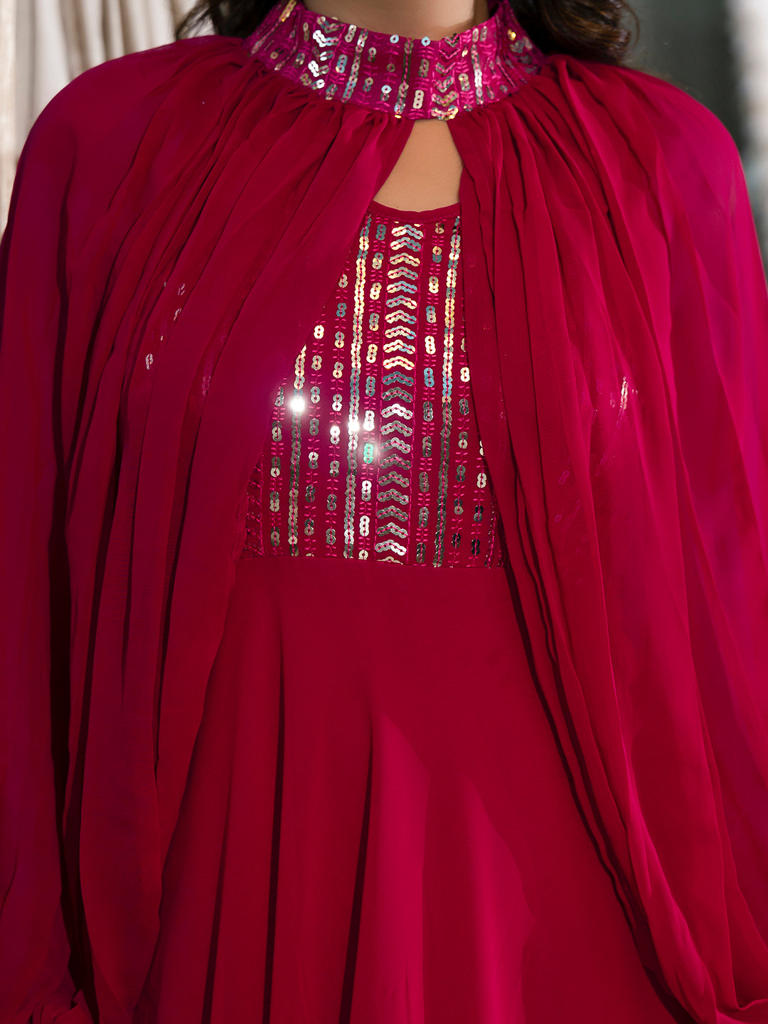 Magenta Sequin Dress With Cape Sleeve - Elganza