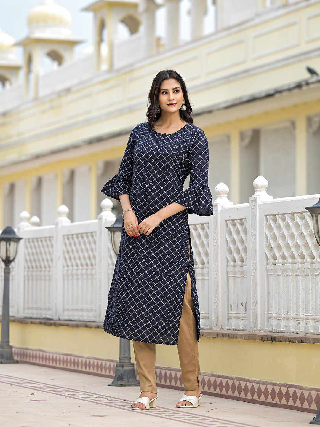 Indigo Kurta with Ruffled sleeve - Elganza