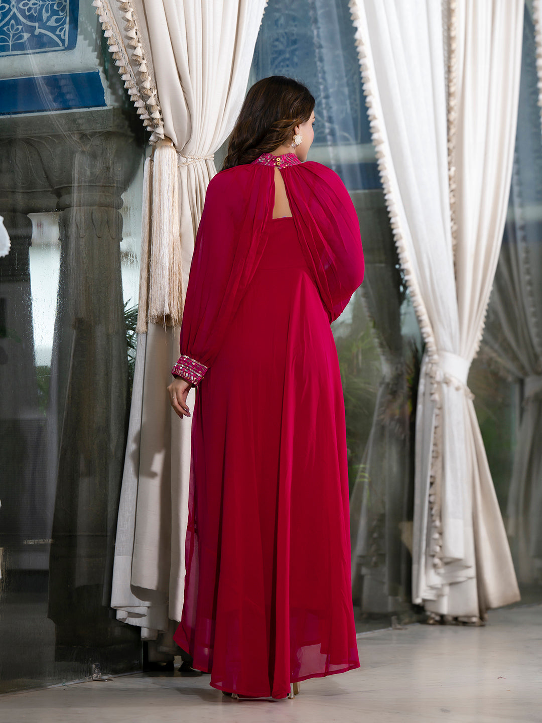 Magenta Sequin Dress With Cape Sleeve - Elganza