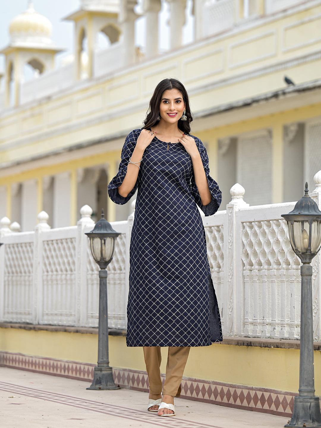 Indigo Kurta with Ruffled sleeve - Elganza