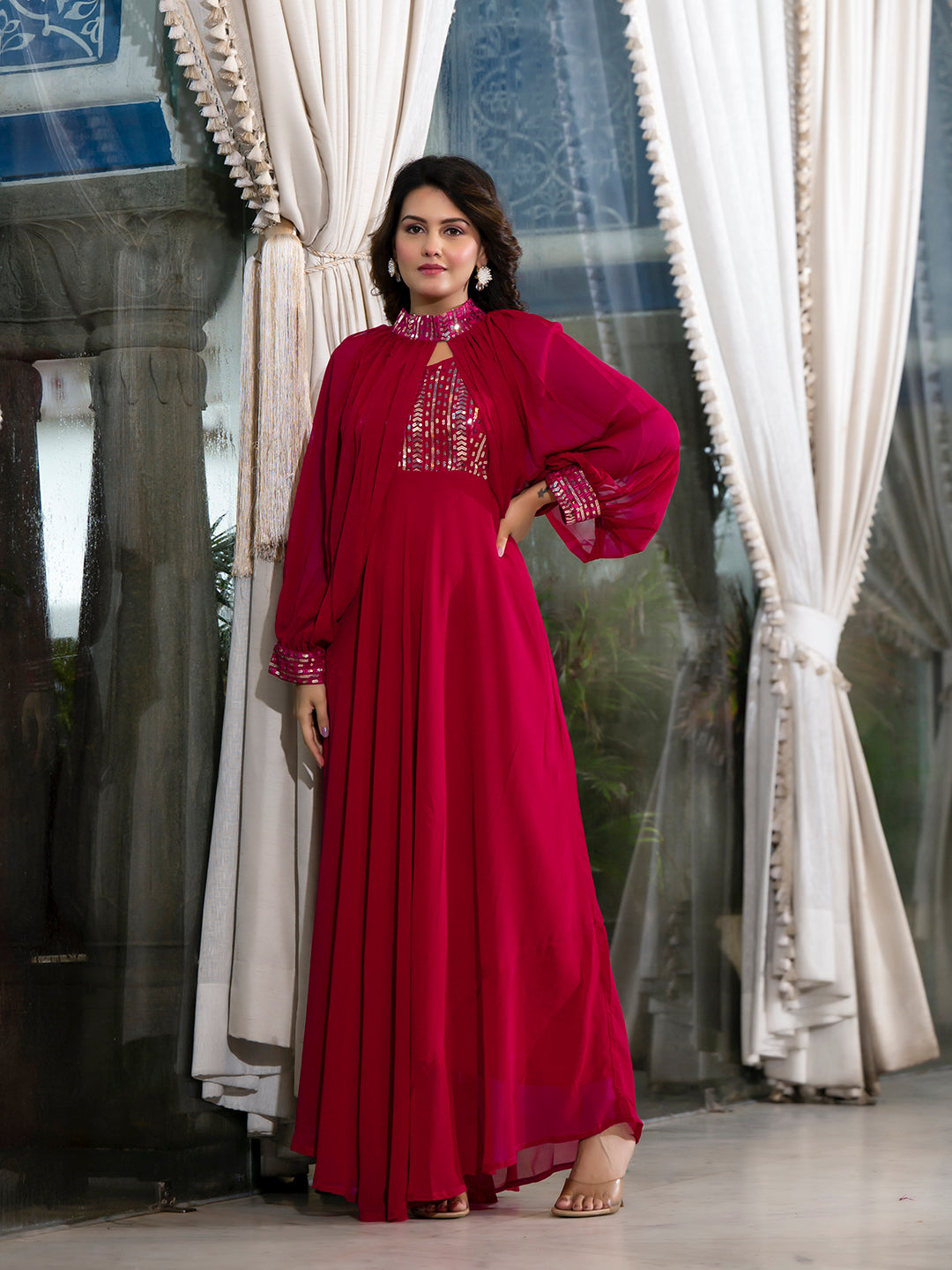 Magenta Sequin Dress With Cape Sleeve - Elganza
