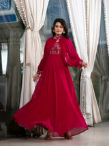 Magenta Sequin Dress With Cape Sleeve - Elganza