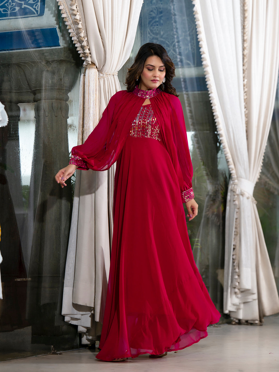 Magenta Sequin Dress With Cape Sleeve - Elganza