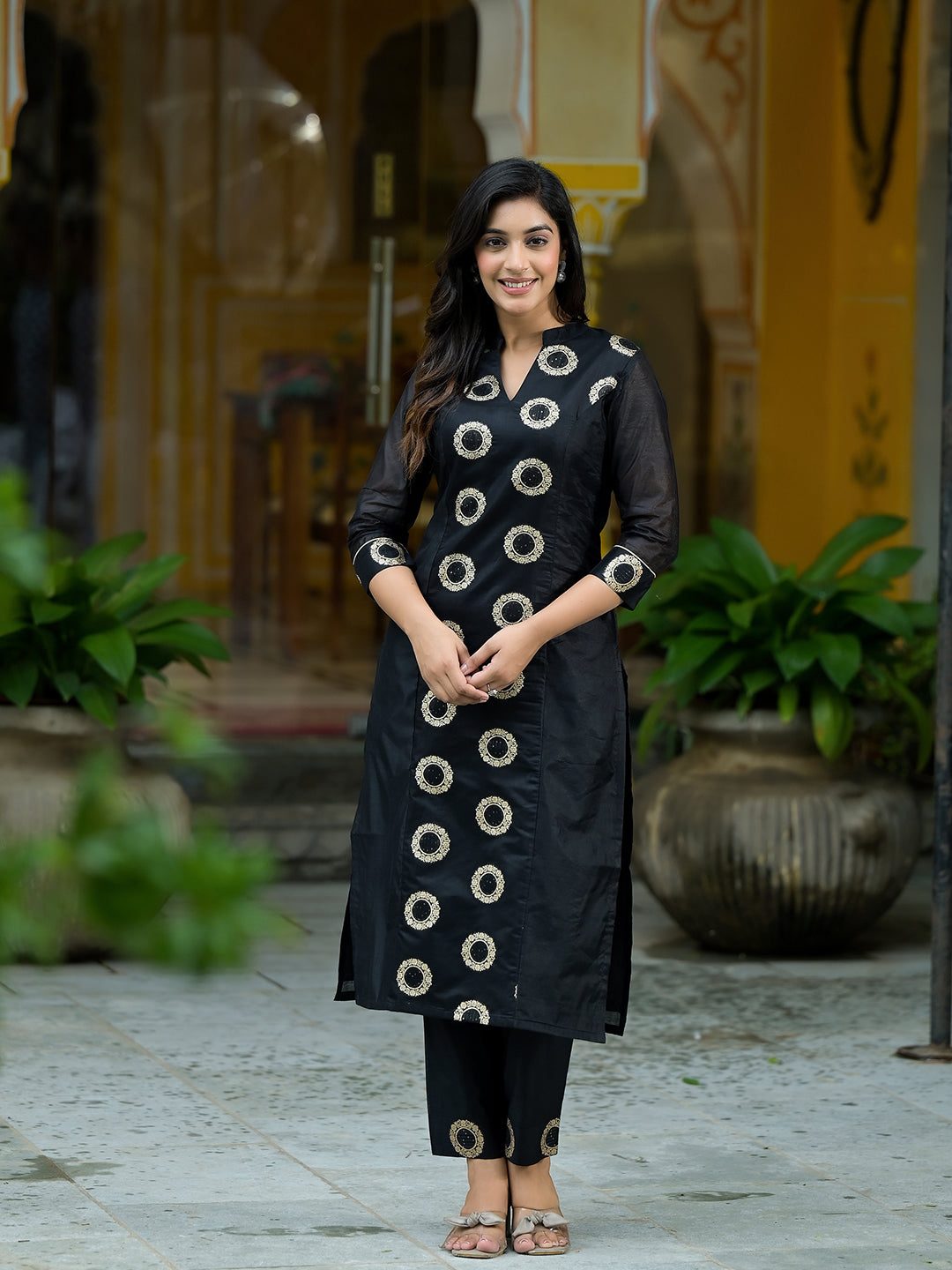 Black Zari jacquard Kurta Set - Elganza