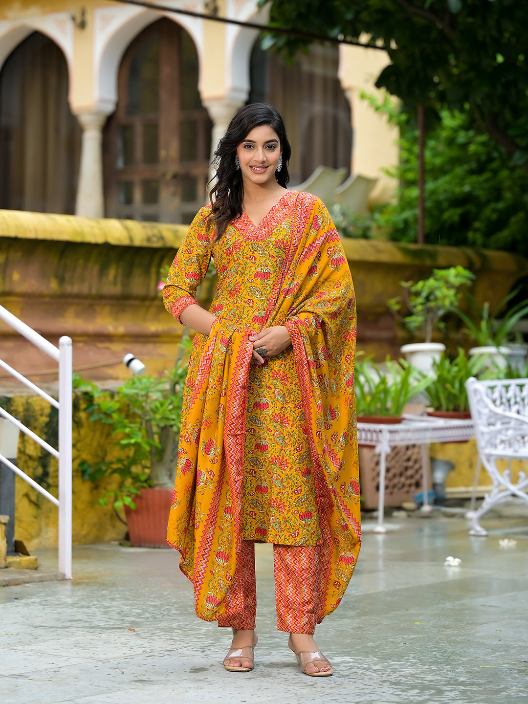 Mustard Silk Gold Foil Printed Suit Set - Elganza