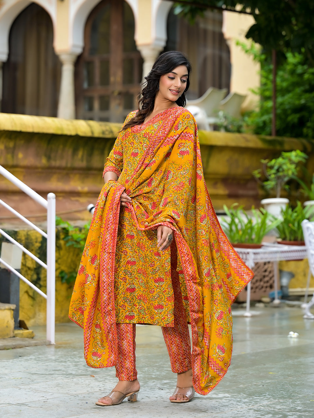 Mustard Silk Gold Foil Printed Suit Set - Elganza