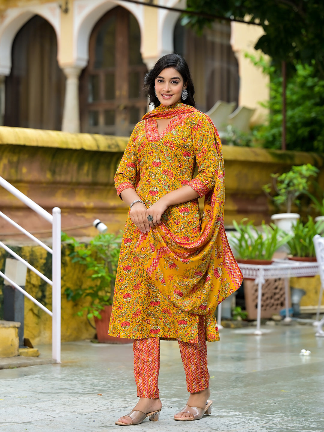 Mustard Silk Gold Foil Printed Suit Set - Elganza
